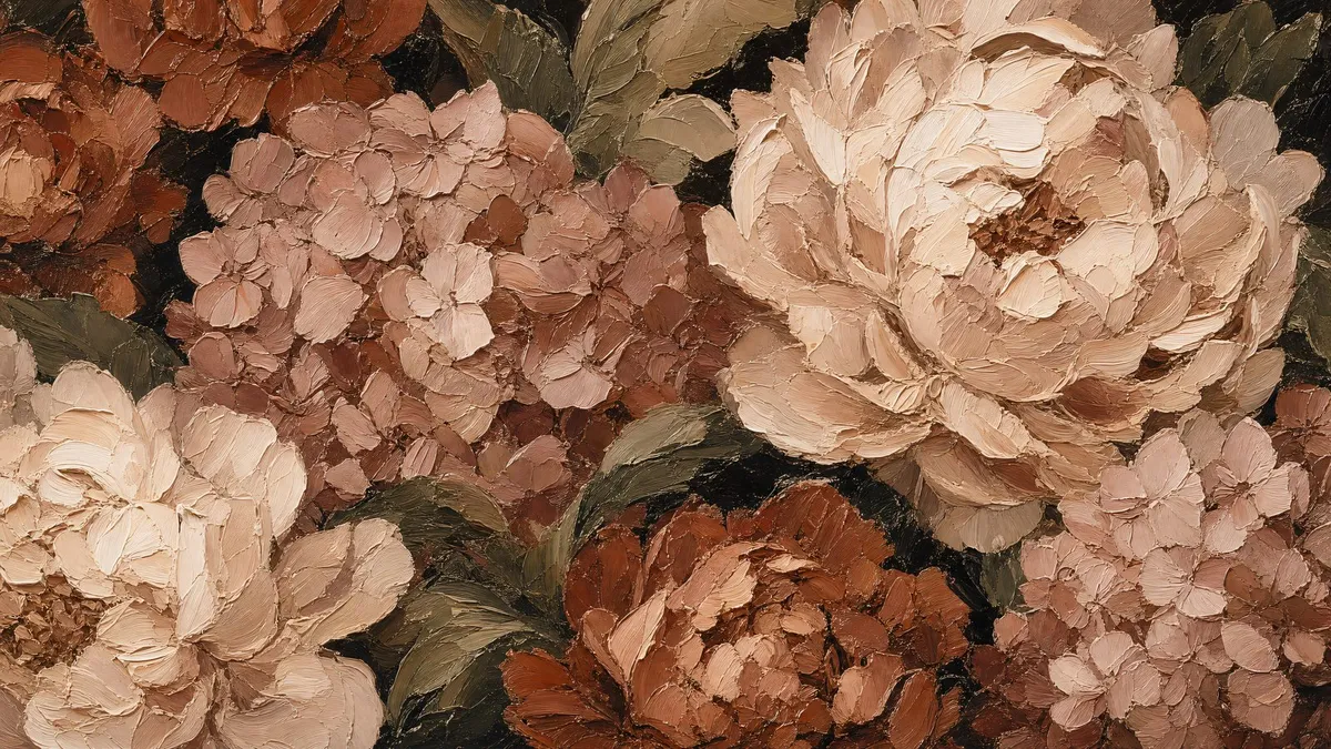 Close-up of overlapping hydrangea and peony blooms in cream, rose and terracotta with sage-green leaves