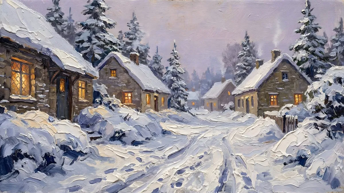 Cozy Winter Village shown on your frame