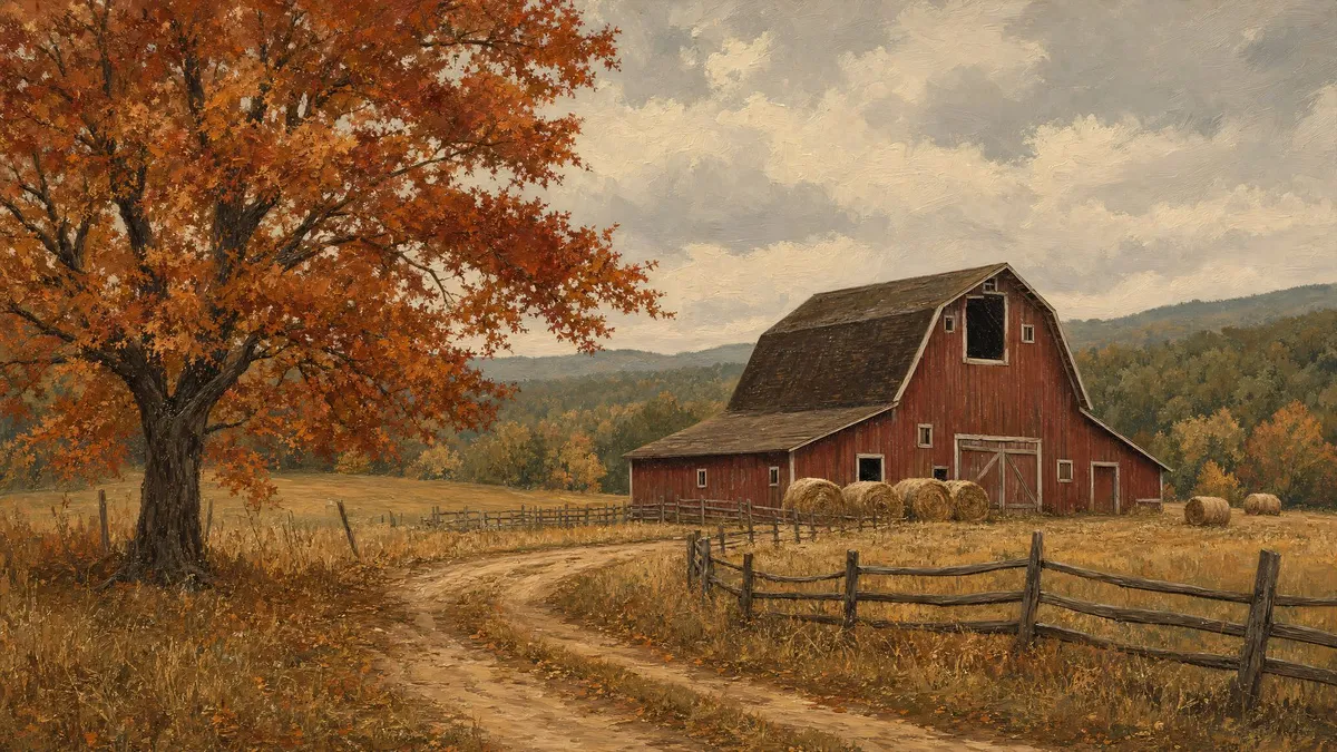 Rustic Autumn Barn Landscape shown on your frame