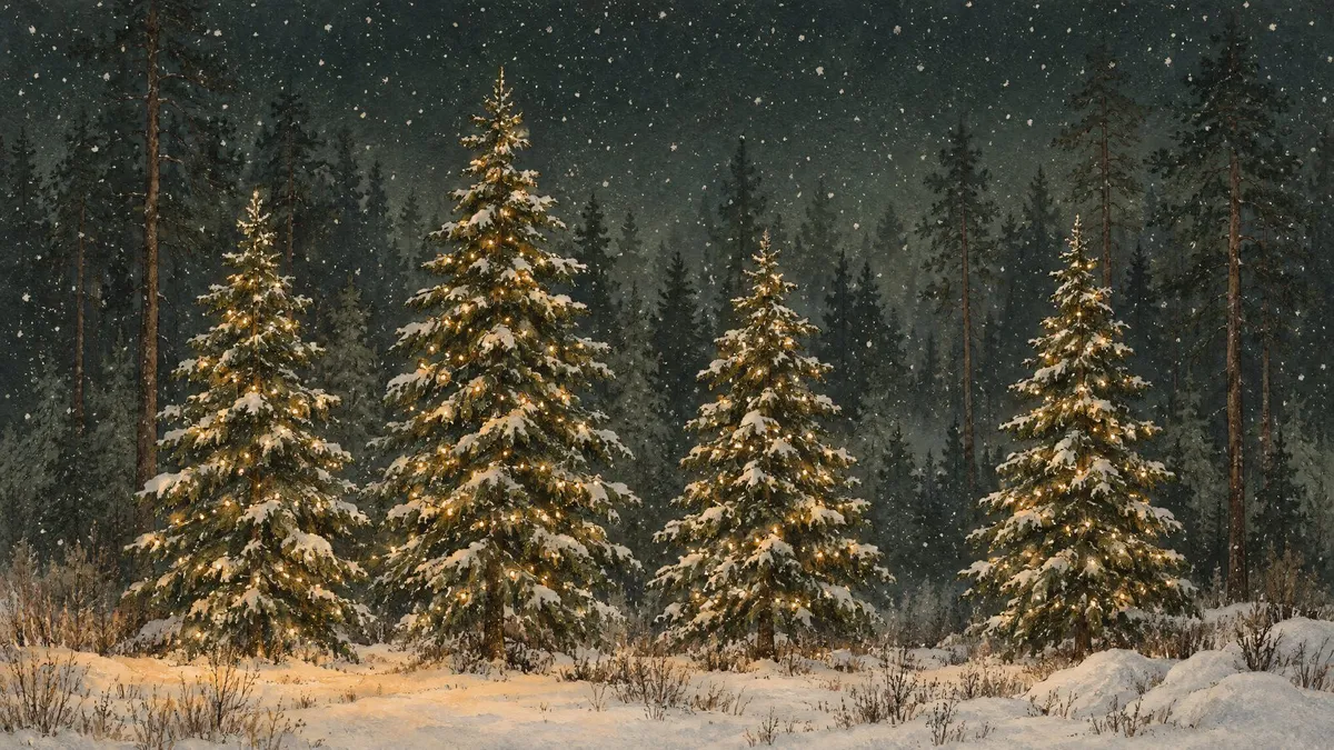 Four snowy fir trees strung with warm lights in a dark pine forest at night, with snow falling over a clearing