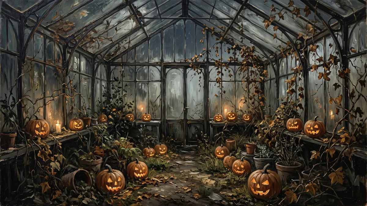 Overgrown glass greenhouse at dusk filled with glowing carved pumpkins, candles, clay pots and dried autumn vines