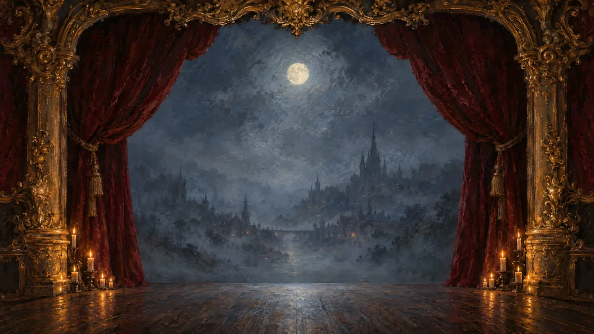 Gilded rococo theater arch with parted red velvet curtains opening onto an empty stage, candles and a moonlit foggy town