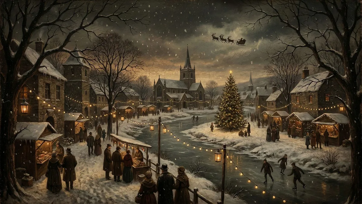 Vintage Christmas Village Scene shown on your frame