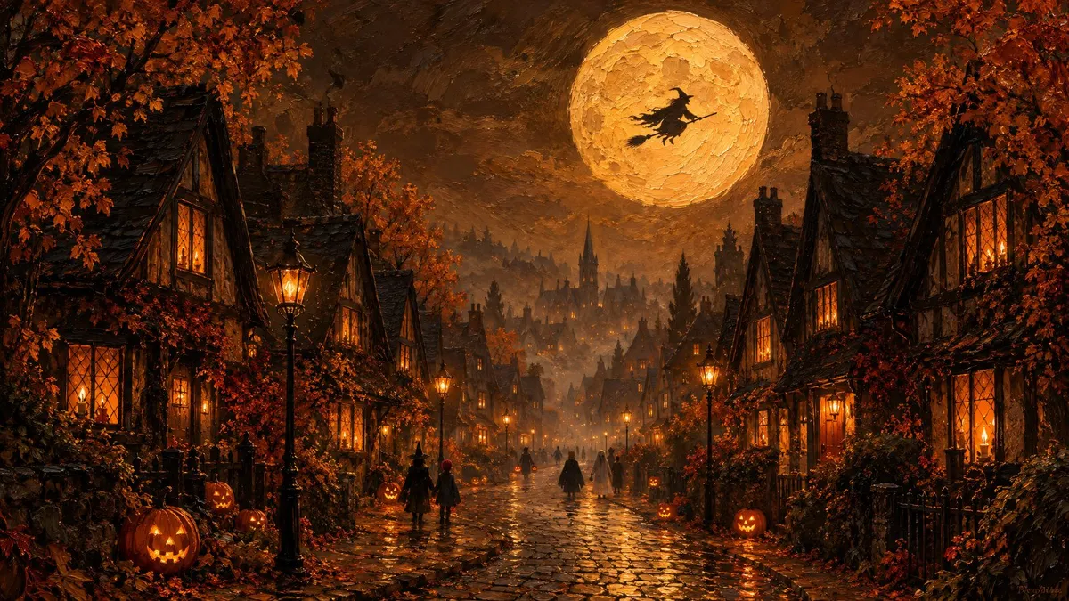 Oil painting of a village street at night under a huge full moon with a witch silhouette, cottages and pumpkins