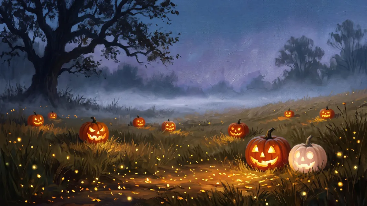 Misty Pumpkin Meadow Twilight shown on your frame