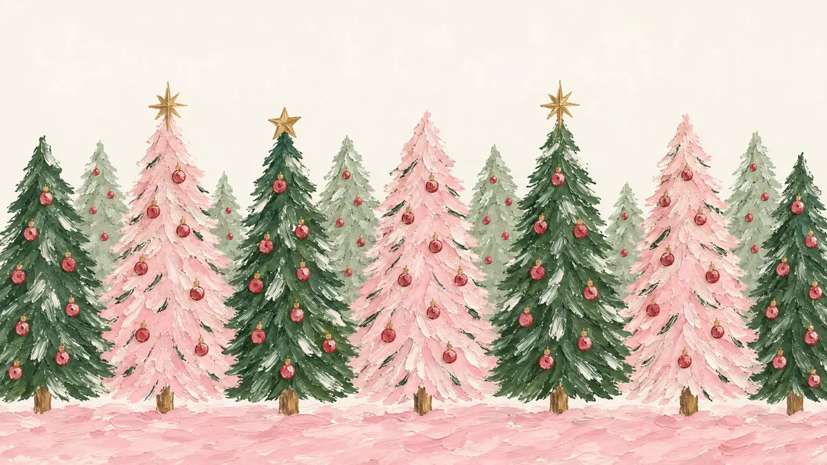 Row of blush pink and green impasto Christmas trees with red ornaments and gold stars on a cream background
