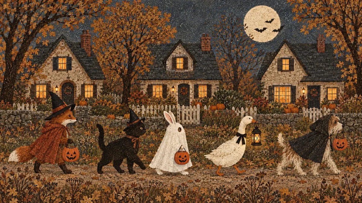 Fox, cat, rabbit, goose and dog in costumes walking past lit cottages under a full moon with bats