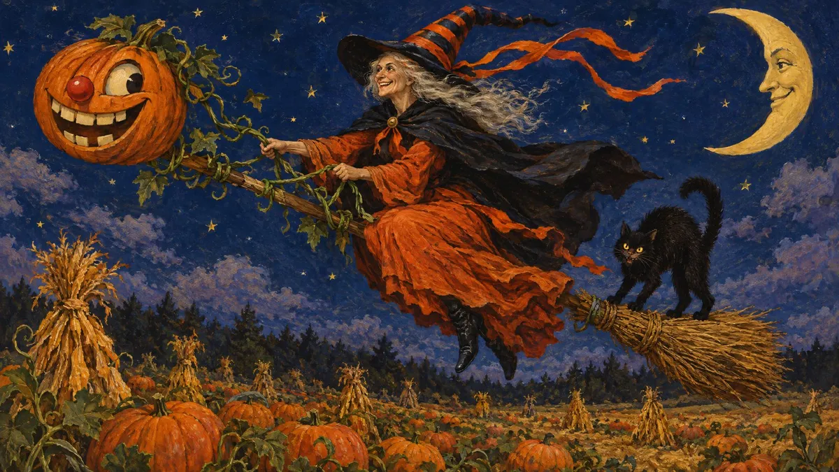 A grinning witch rides a broom with a pumpkin head and black cat under a smiling moon above a pumpkin field