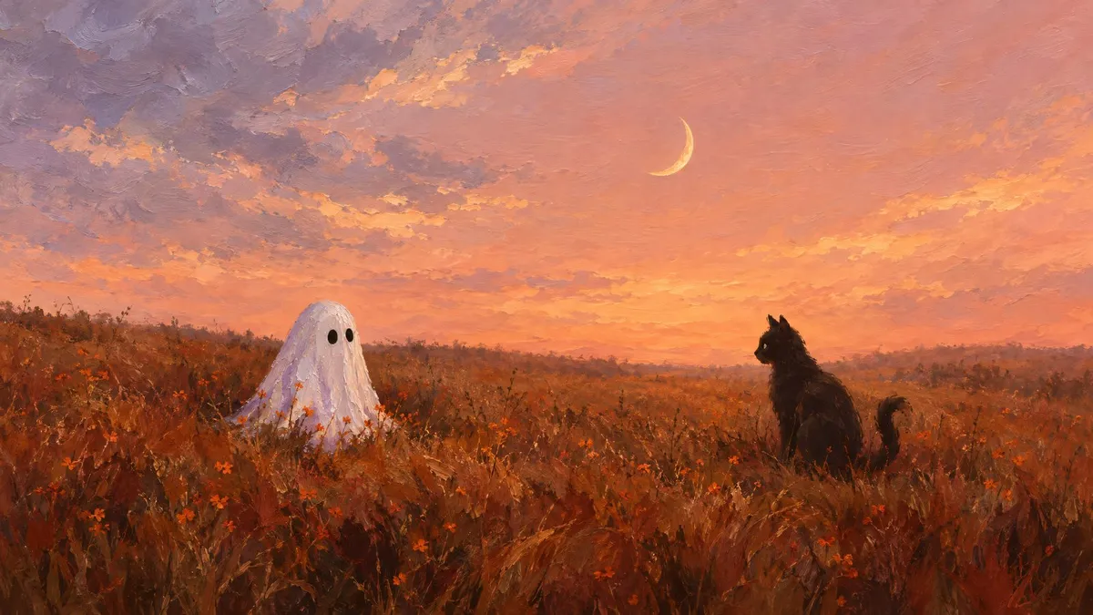 A small white ghost in autumn grass and a black cat in profile under a crescent moon at peach-lavender dusk