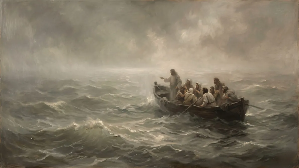 Oil painting of a robed figure with raised arm in a crowded rowboat on stormy grey waves under misty clouds