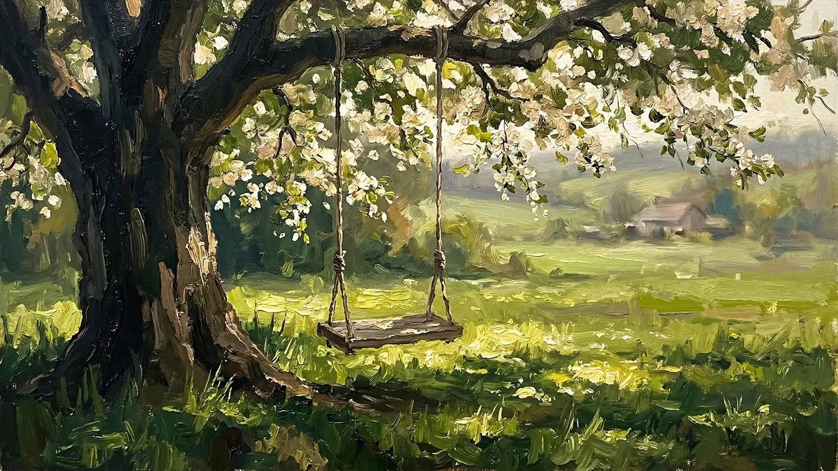 Wooden rope swing under a blossoming tree over a sunlit green meadow with a distant farmhouse