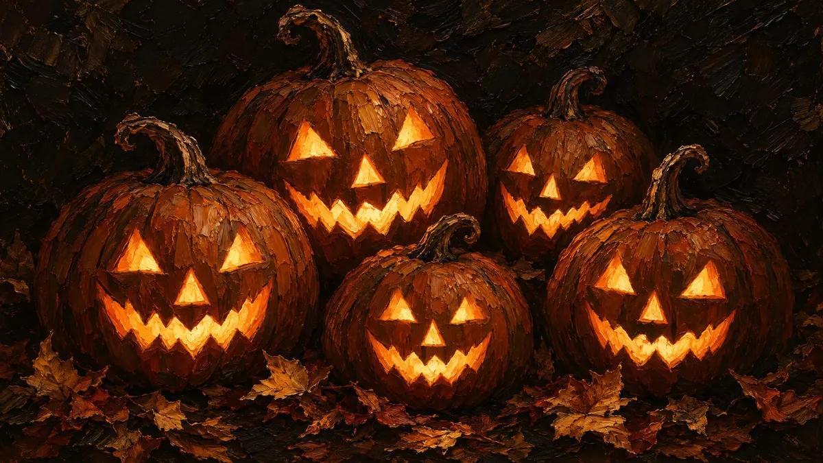 Five carved pumpkins with glowing triangular eyes and jagged mouths in the dark, with dried leaves at their base