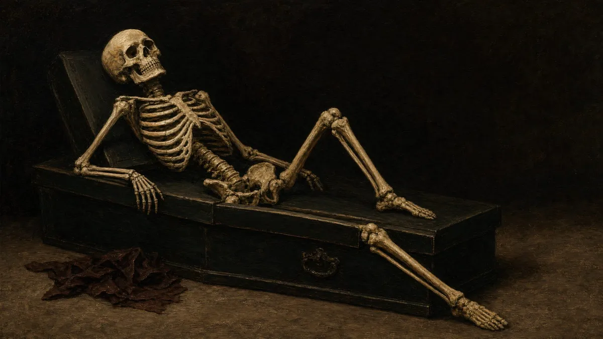 Reclining Skeleton On Coffin shown on your frame