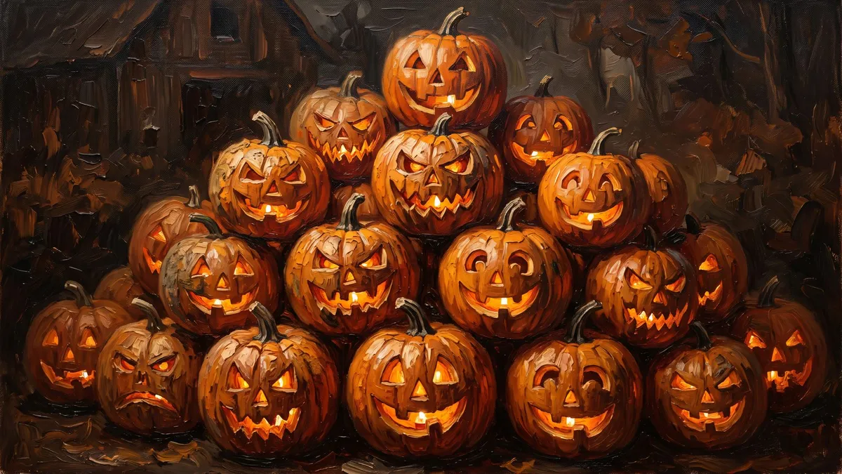 Jack O Lantern Pumpkin Pile shown on your frame