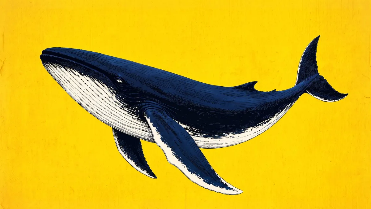 Blue whale in navy and white engraved linework swimming diagonally against a flat textured yellow background