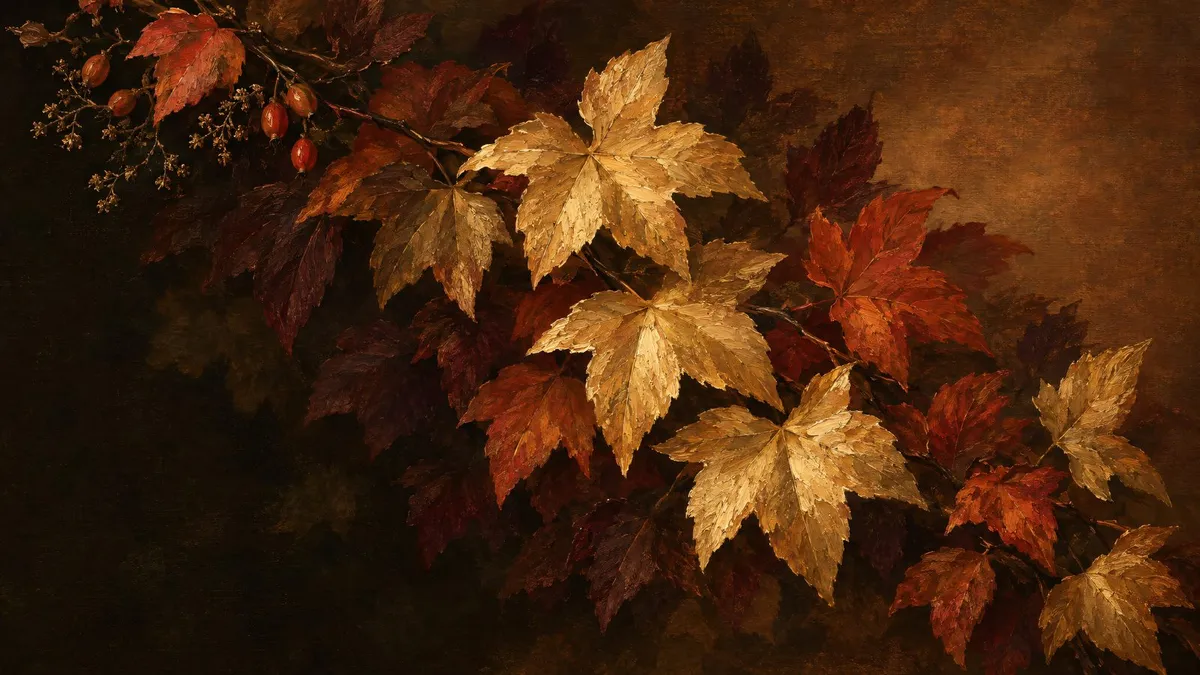 Diagonal branch of gold, rust and burgundy five-lobed leaves with red rose hips against a dark shadowed background