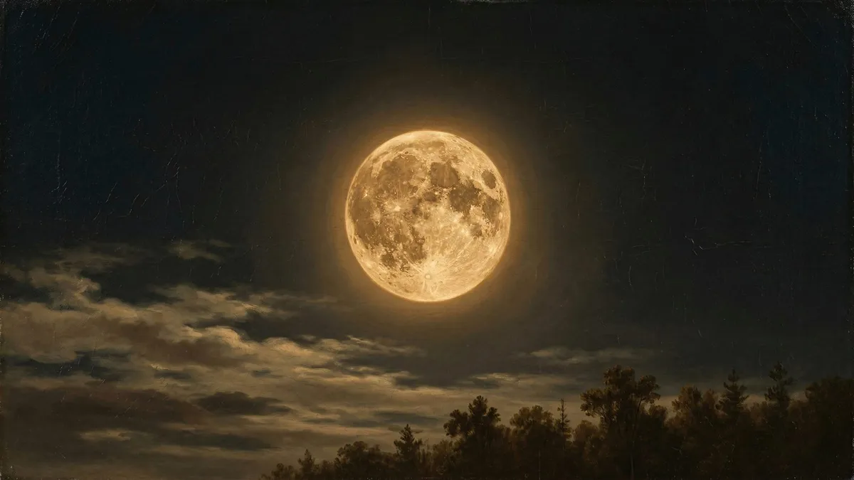 Glowing full moon in a dark sky with wispy clouds at lower left and silhouetted trees at lower right