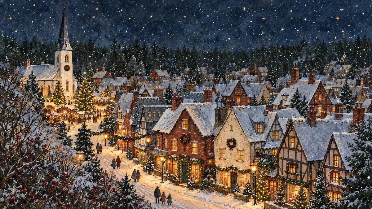 Snowy night village with a white church steeple, glowing gabled cottages, wreaths and a lamplit lane under stars