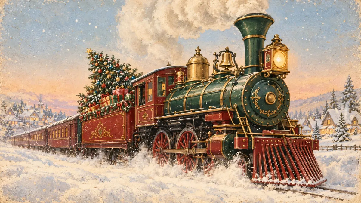 Green and red steam locomotive hauling a Christmas tree and gifts through deep snow past a distant glowing village