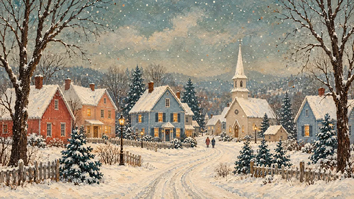Snowy village street with colorful clapboard houses, a white church steeple and bare trees under falling snow