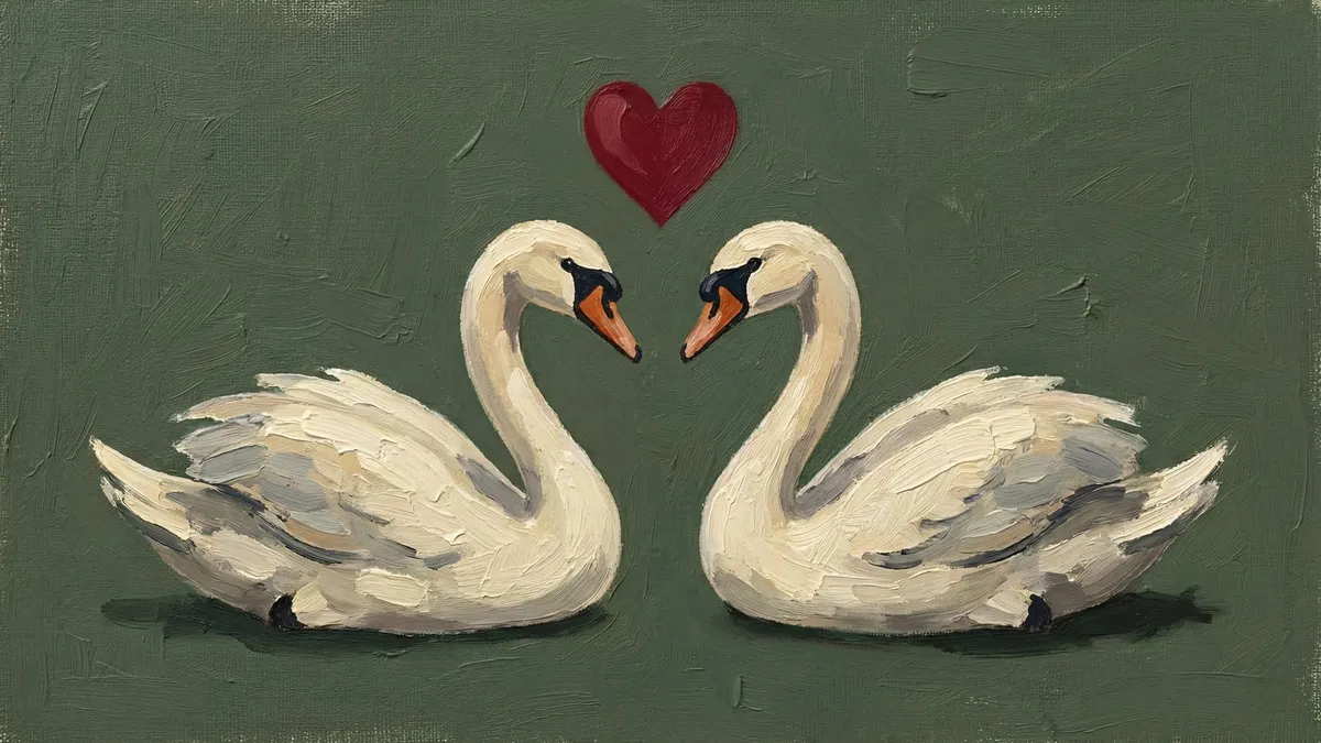 Two cream swans face each other on a green ground beneath a small red heart