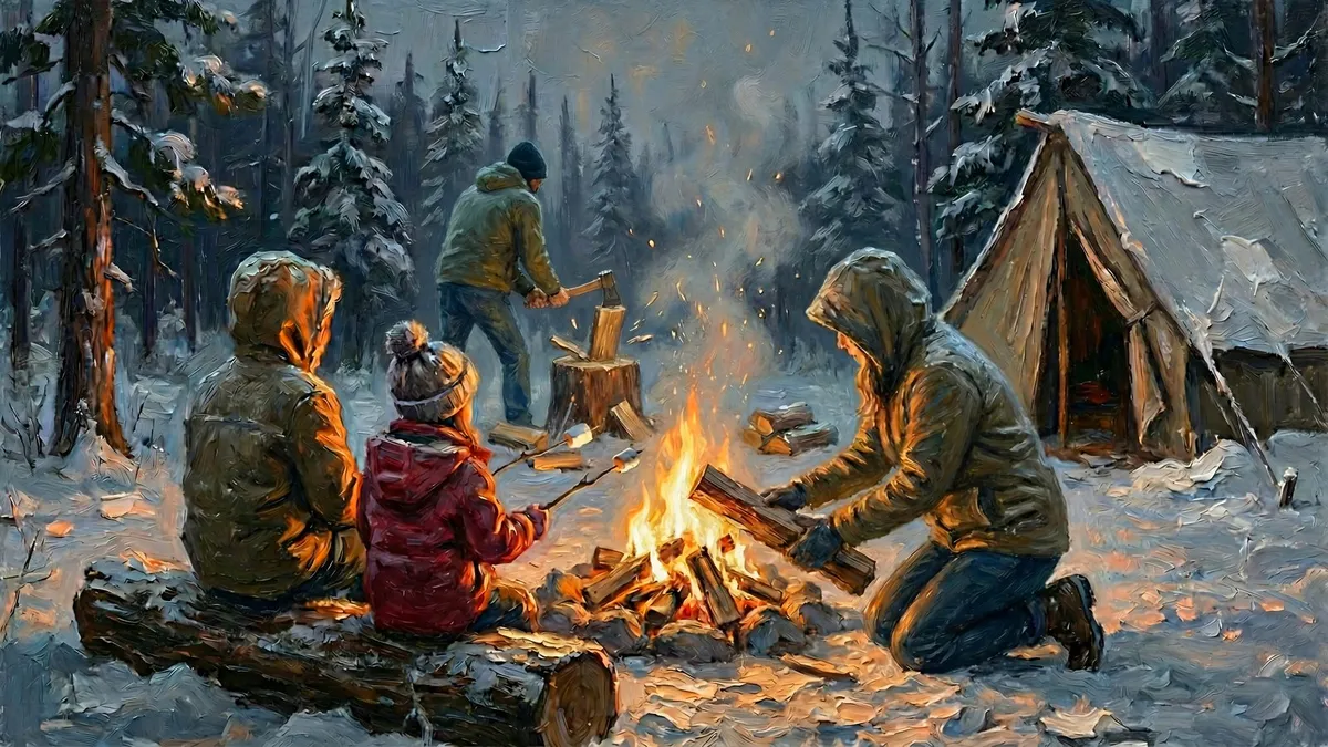 Winter Campfire Family Camping shown on your frame