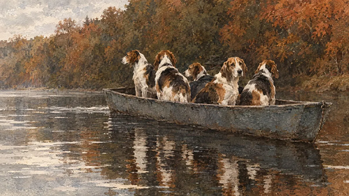Hunting Hounds In Autumn Boat shown on your frame
