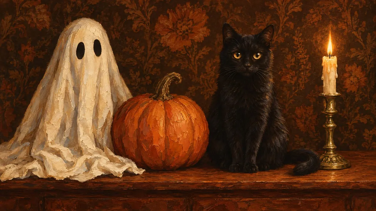 Painted ghost under a white sheet beside a pumpkin, a black cat and a lit candle on a wooden table