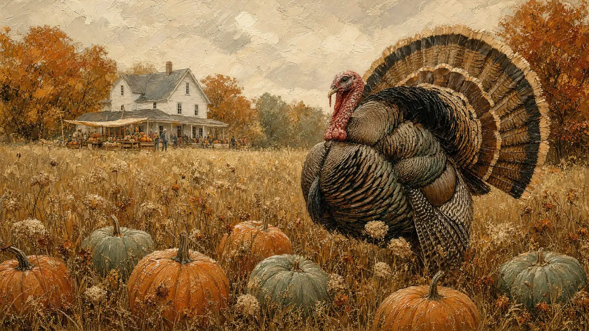 Tom turkey with fanned tail standing among pumpkins and dried wildflowers, a white farmhouse and autumn trees behind