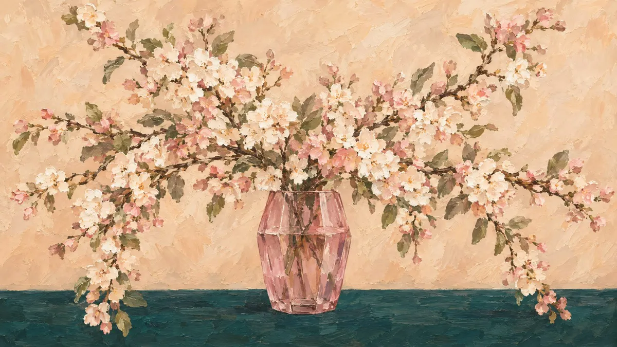 Branches of white and blush-pink blossoms spreading from a faceted pink glass vase on a dark teal tabletop