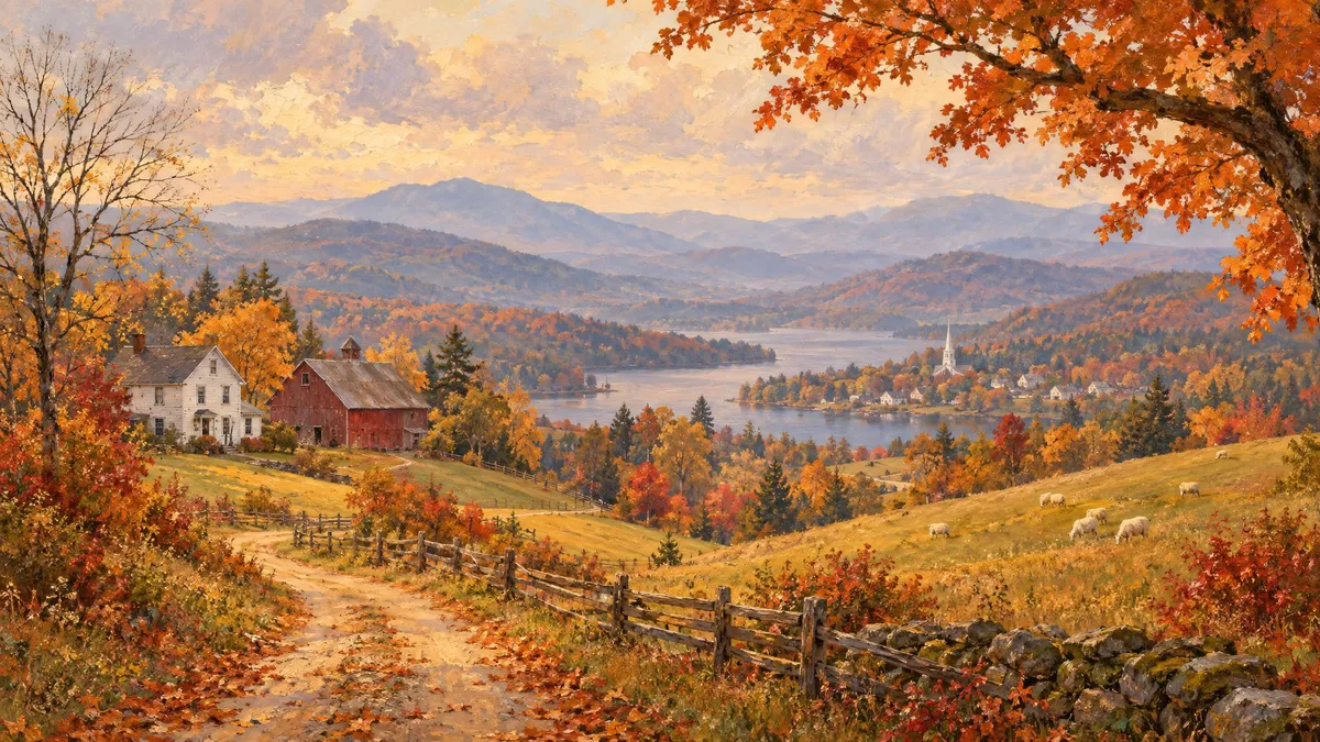 Autumn valley with a white farmhouse and red barn, winding dirt road, grazing sheep, a lake and misty mountains