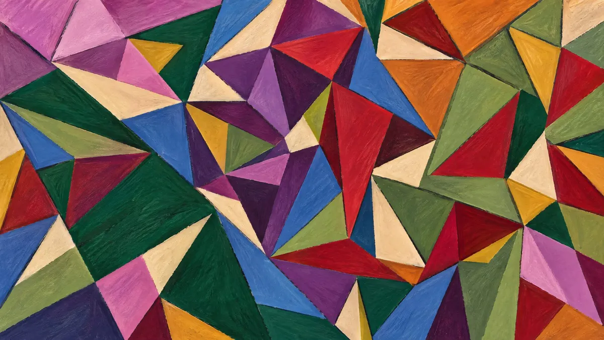Abstract cubist composition of interlocking angular facets in green, red, orange, blue and purple