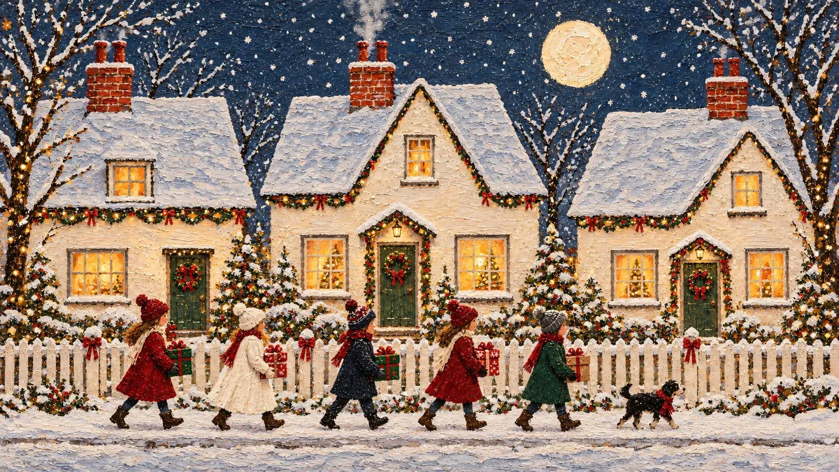 Children in winter coats carry gifts past snowy, garlanded cottages and a picket fence under a full moon