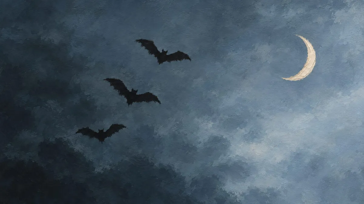 Three black bats in flight across a hazy slate-blue night sky with a slim cream crescent moon at right