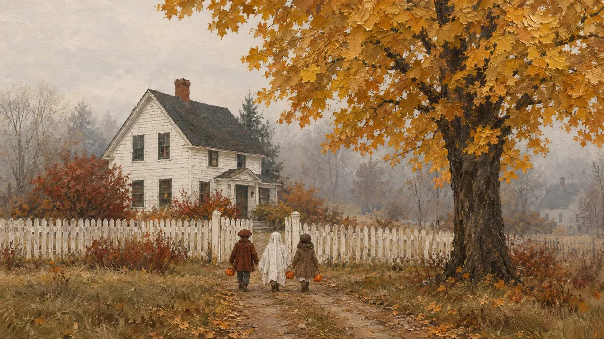 Halloween Trick Or Treaters Farmhouse shown on your frame