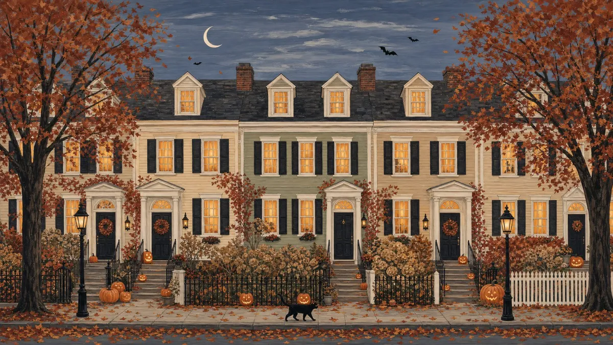 Row of Colonial townhouses at dusk with lit windows, pumpkins, rust-red trees, a crescent moon, bats and a black cat
