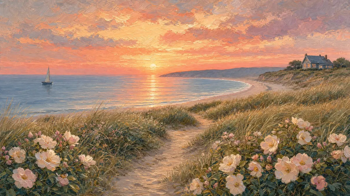 Sunset seascape from a grassy bluff with wild roses, a sandy path, a lone sailboat and a distant cottage on a headland