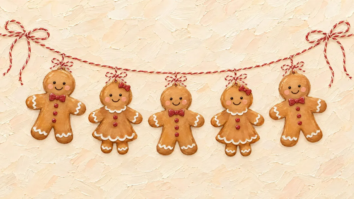Five smiling gingerbread cookies hanging from a red and white twine garland on a cream textured background