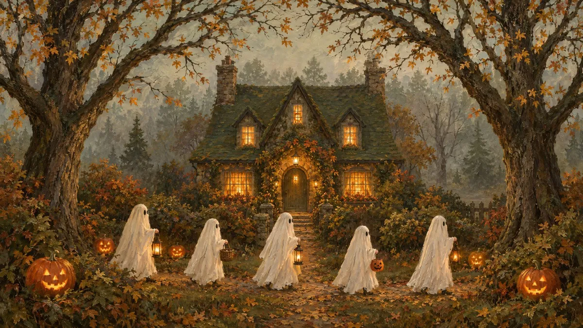 Trick-or-Treating Ghosts Cottage shown on your frame