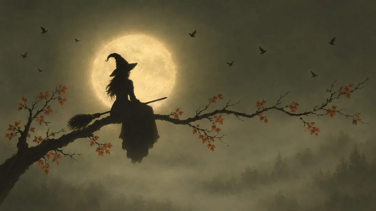 Silhouetted witch with a broom on a curved bare branch before a large glowing full moon, birds flying above
