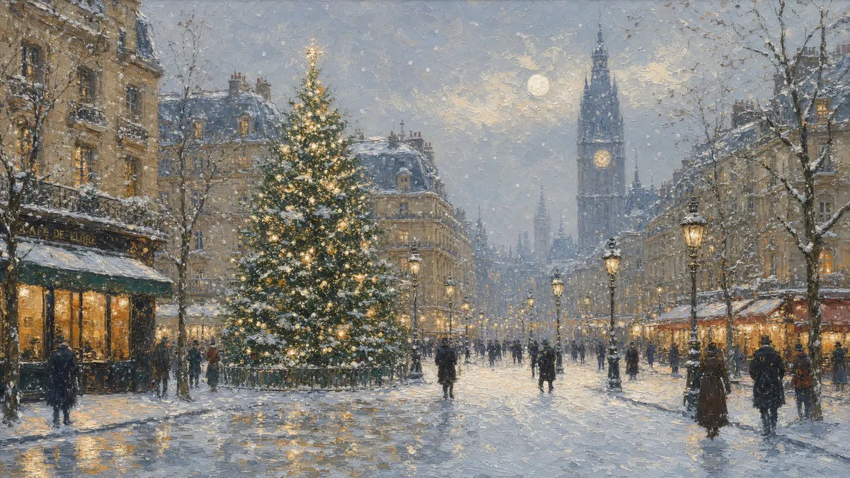 Oil painting of a snowy Paris boulevard with a lit Christmas tree, stone buildings and a distant clock tower