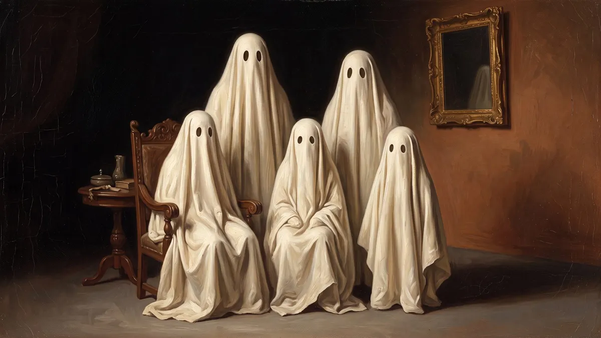 Five white sheet ghosts posed as a family portrait in a dark old-master interior with an armchair and gilt mirror