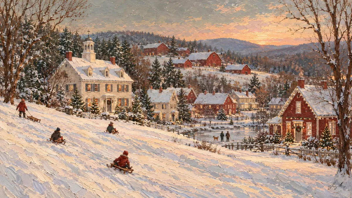 Children sledding down a snowy hill above a village of cream and red houses and barns at sunset