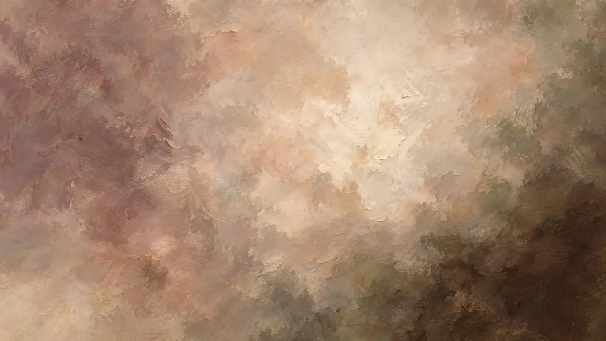 Abstract oil painting of hazy beige, blush and mauve clouds darkening to brown at the lower right