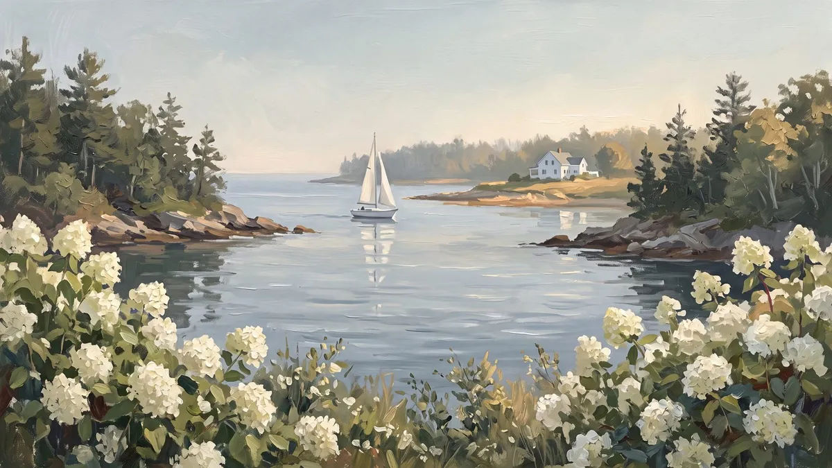 Calm harbor with a white sailboat, tree-covered rocky points and white hydrangea bushes in the foreground