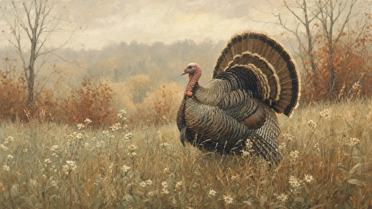 Wild turkey in profile with fanned tail among dried grasses and white wildflowers before a hazy autumn treeline