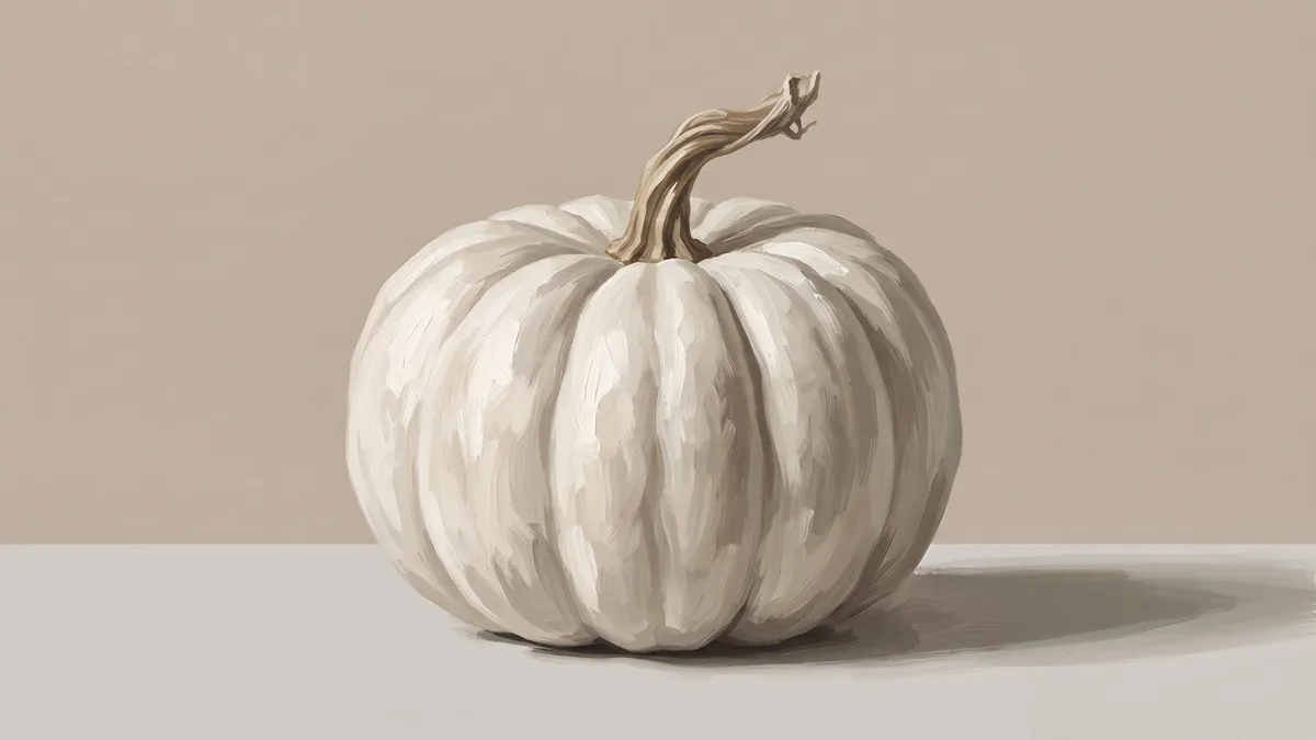 White ridged heirloom pumpkin with a twisted dried stem on a gray tabletop against a warm beige wall