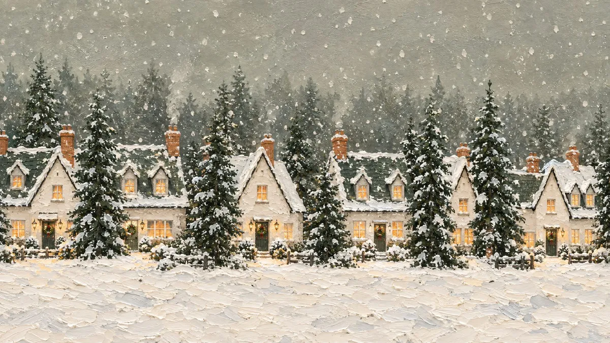 Snowy Christmas Cottages shown on your frame