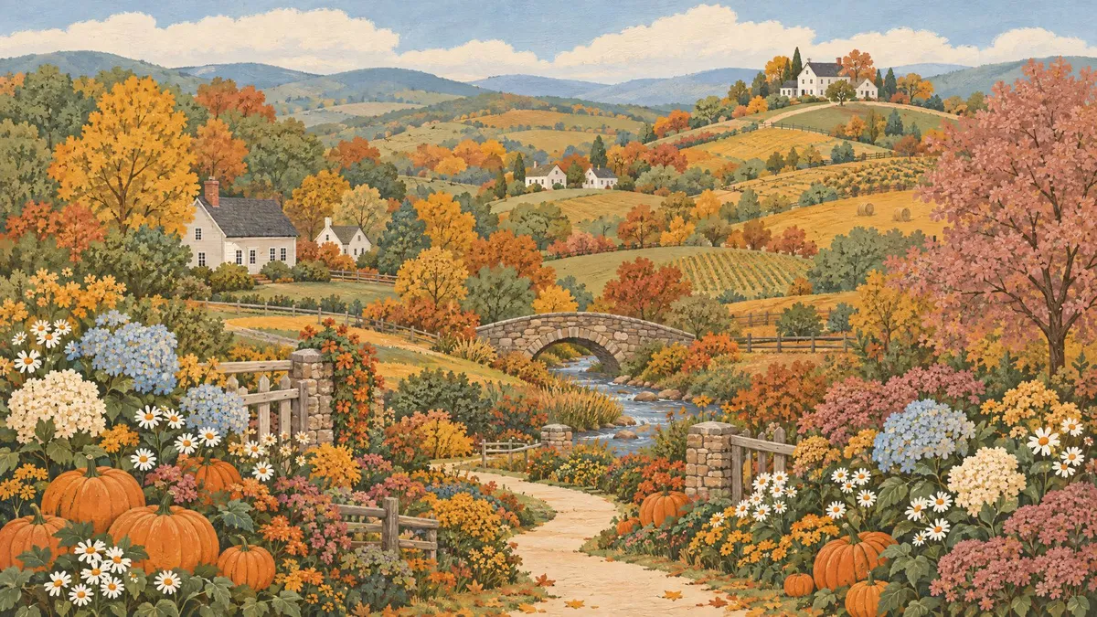 Autumn Cottage Bridge shown on your frame