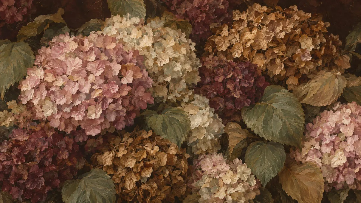 Close-up of hydrangea blooms in mauve pink and dried tan with sage and tan leaves against dark brown
